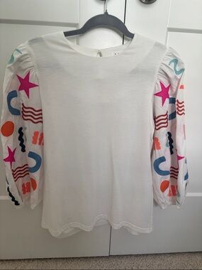 THML White Blouse with Multicolor Embroidered Puff Sleeves